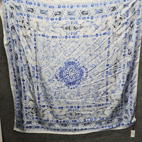Chanel CC 100% Silk Square Scarf Stole White Blue Women's Rare Italy NWT - Picture 1 of 16